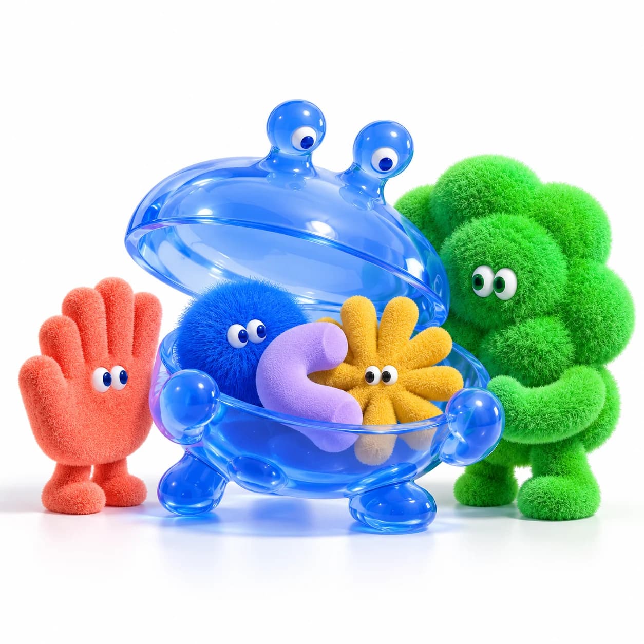 A blue resin shell holds soft tool shapes while green and coral characters watch its boundary.