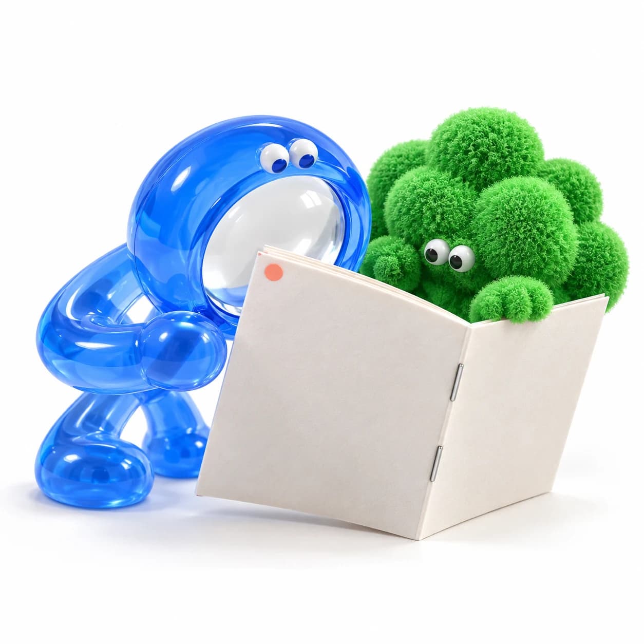 A translucent blue magnifier character and a green fuzzy companion inspect a stapled comic booklet.