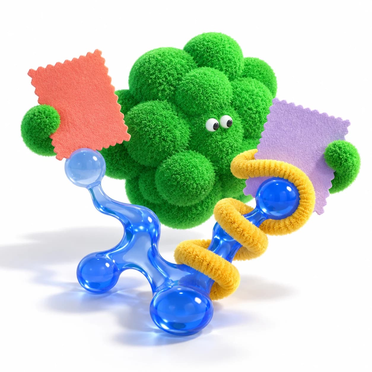 A fuzzy green character compares coral and lilac creative swatches beside a blue resin connector.