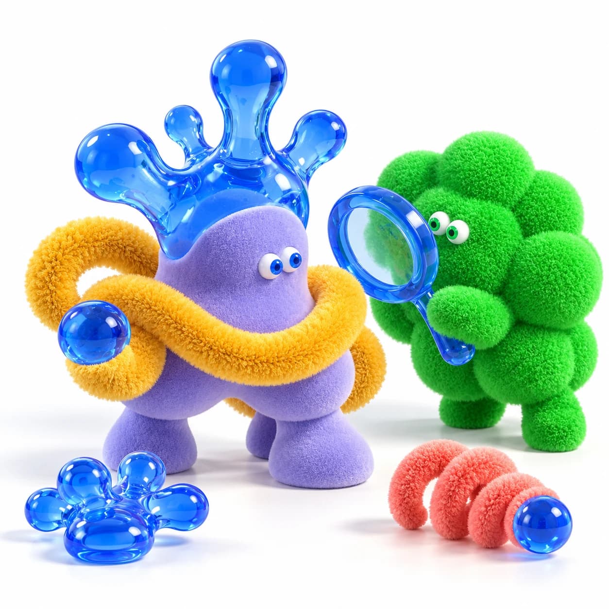 A lavender and blue abstract toy figure is inspected by a green fuzzy magnifier character.