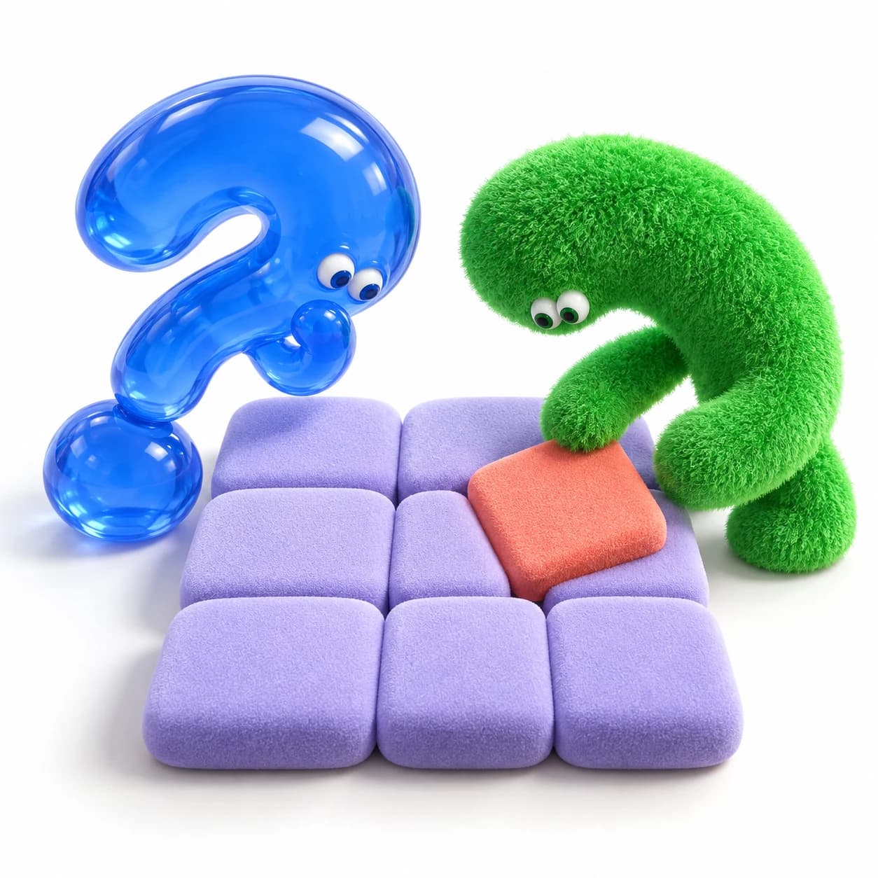 Blue resin and green fuzzy characters inspect one coral tile in a lavender grid.