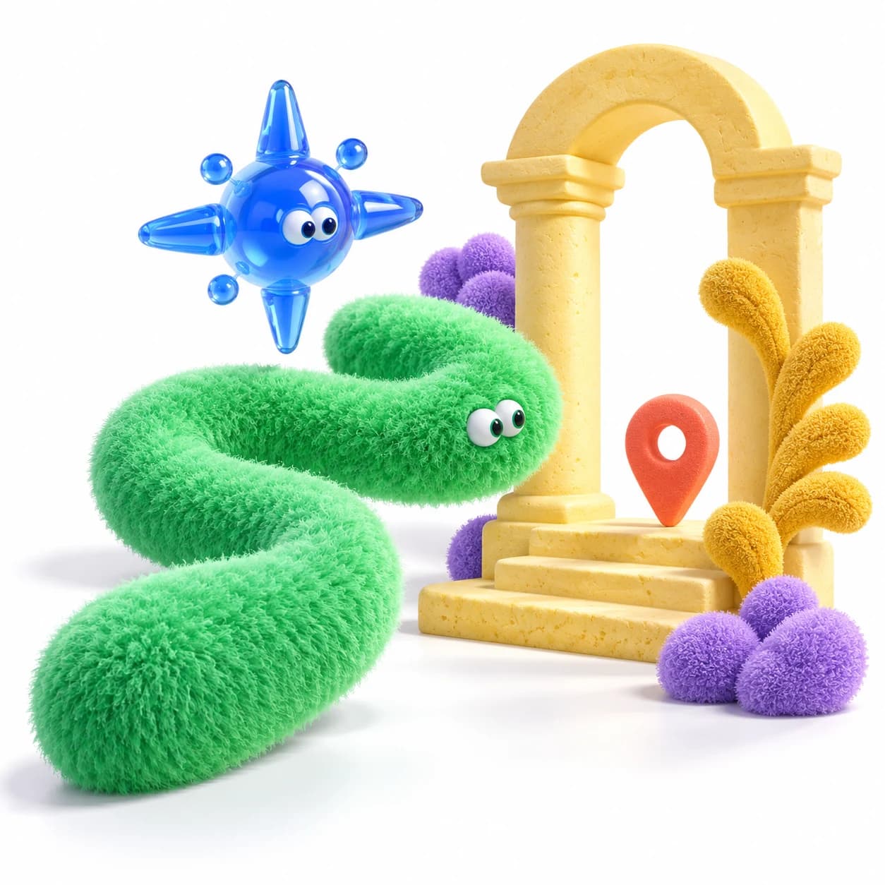 A green fuzzy path character approaches a yellow arch, coral location pin, and blue compass.