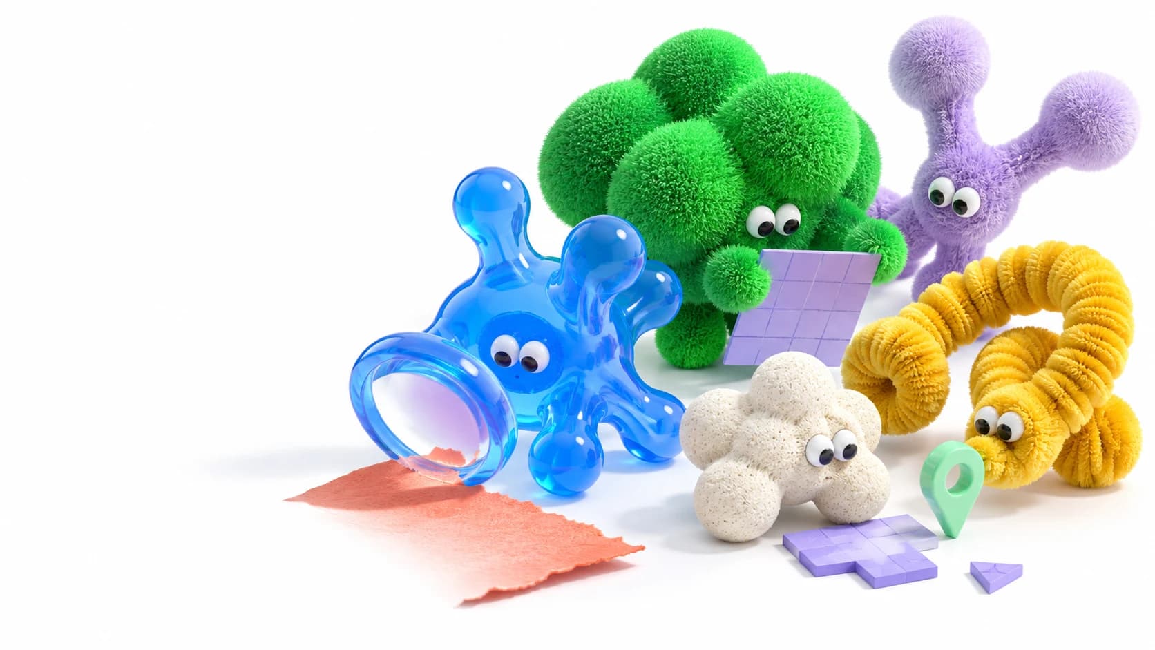 A group of fuzzy and translucent sculptural characters investigates paper, a grid, and a small map clue.