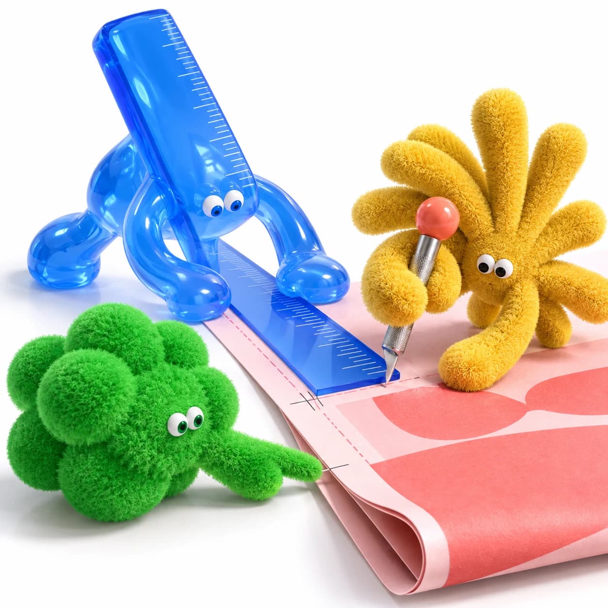 Blue resin, yellow chenille, and green fuzzy characters align a poster edge for printing.
