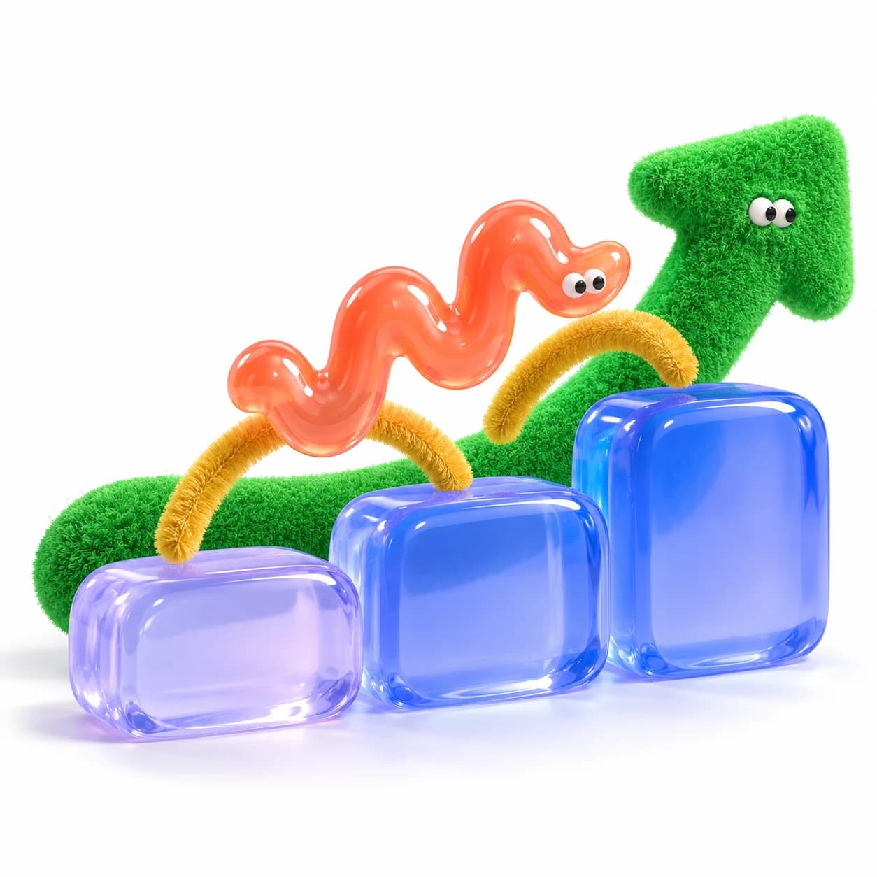 A coral resin signal character and green fuzzy arrow rise across three translucent blocks.