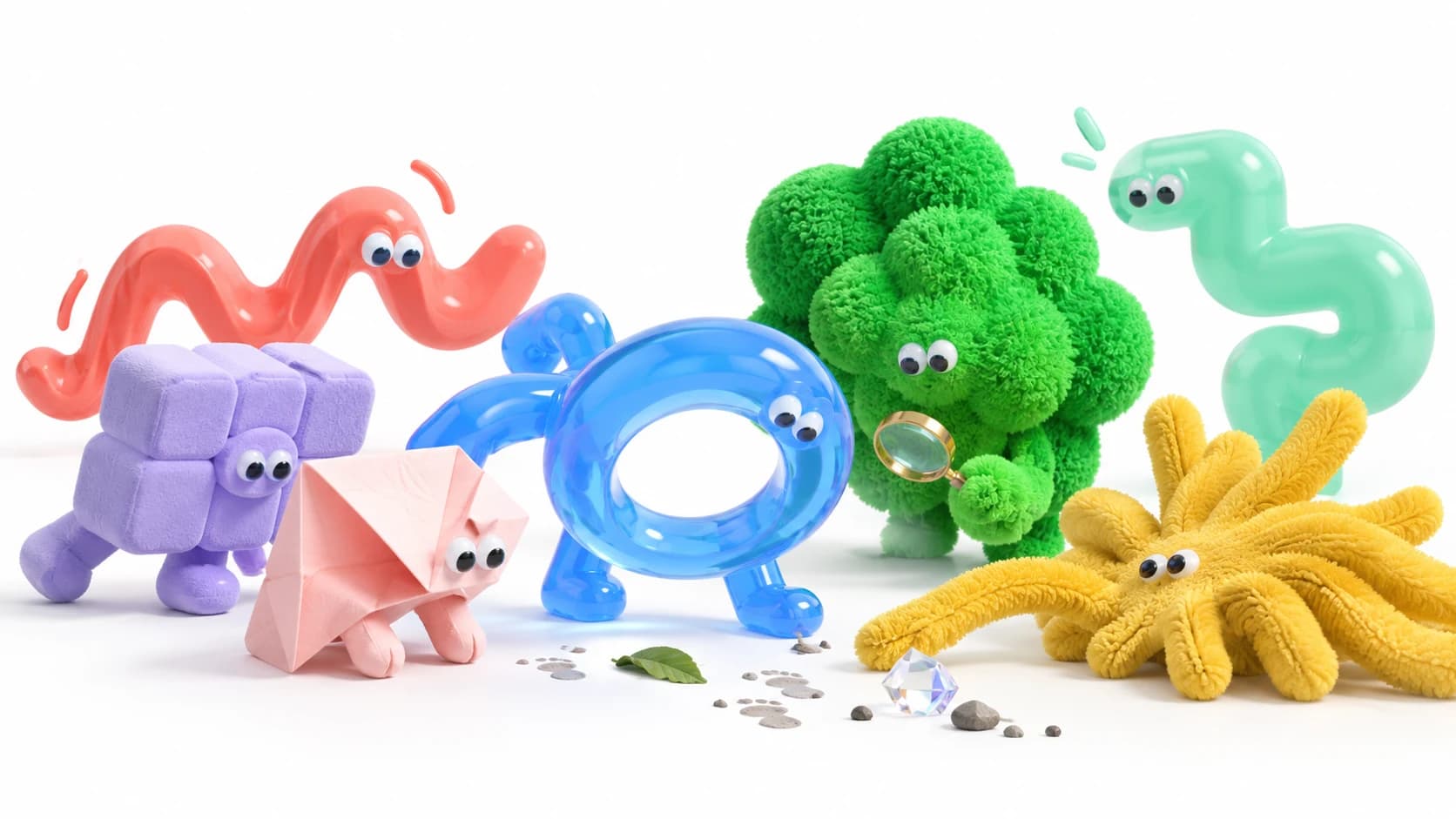 Colorful tactile characters made of fuzzy fabric, translucent resin, and folded paper gather around tiny clues.