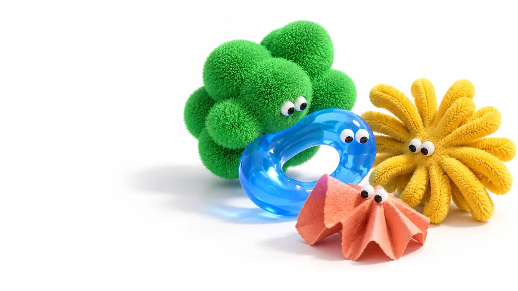Fuzzy green, blue resin, yellow chenille, and coral paper characters gather around a transparent loop.