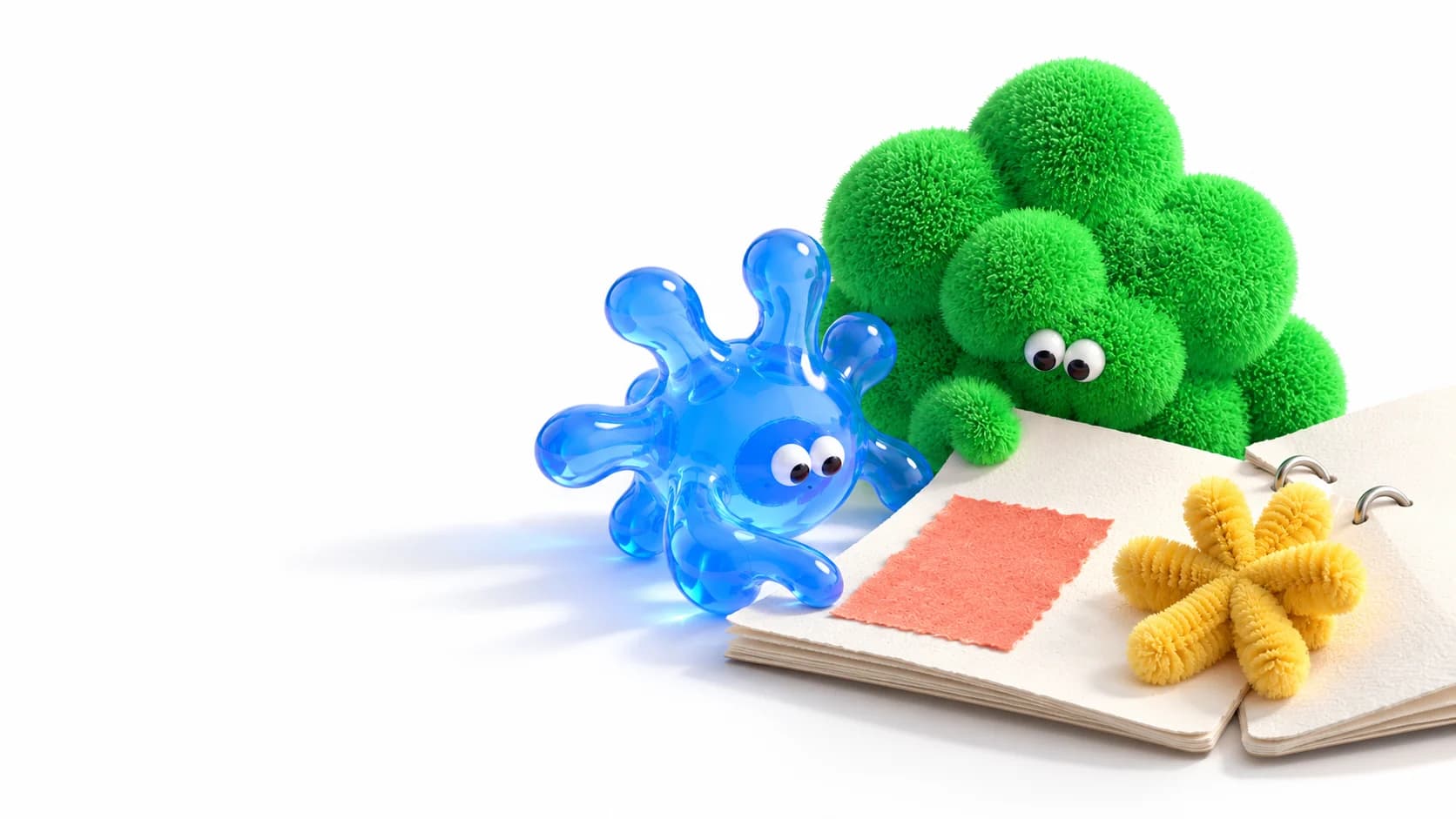 Fuzzy green and blue resin characters examine a paper notebook and tactile color swatch.